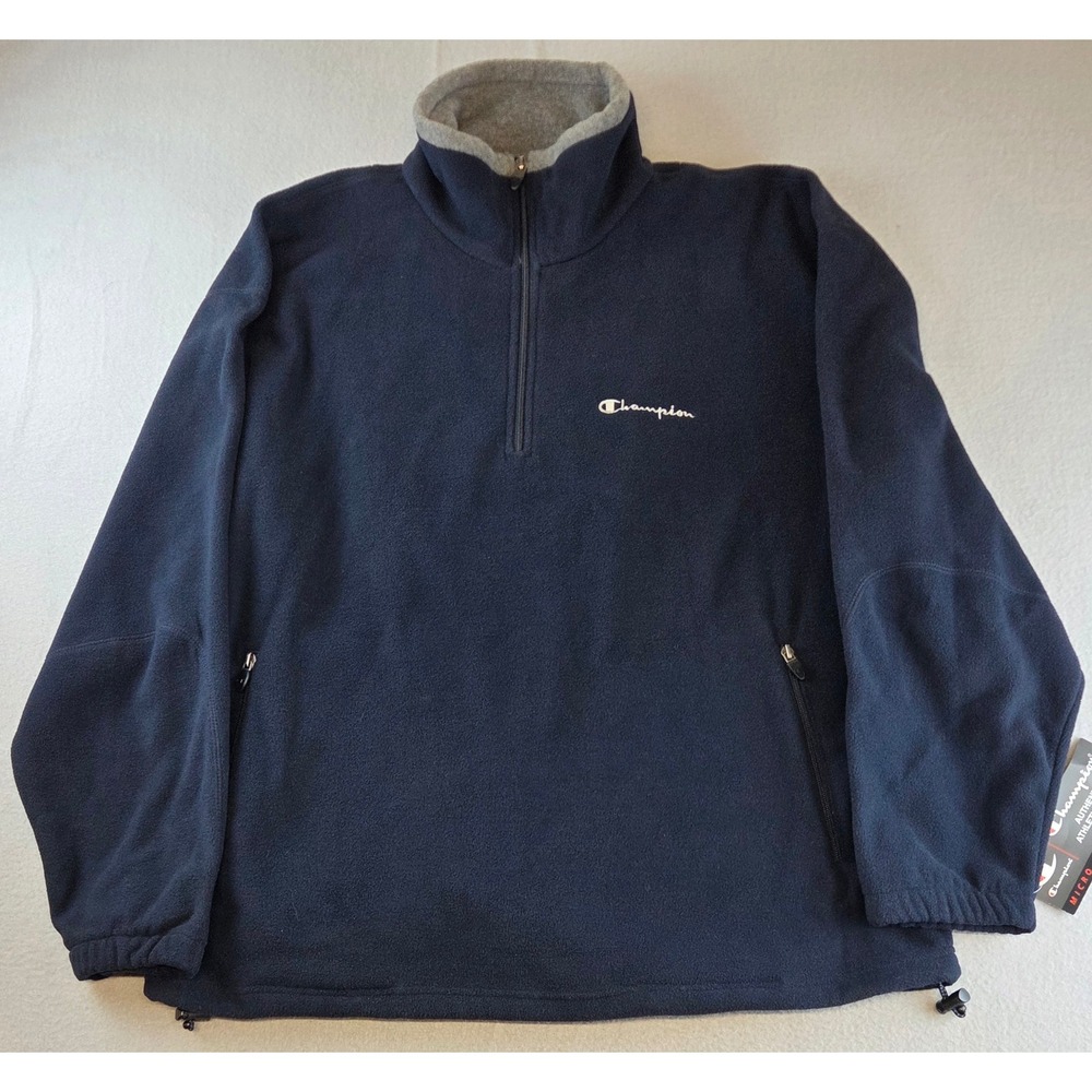 Champion Fleece Quarter Zip Pullover Sweatshirt Jacket Navy Pockets Mens XL NWT